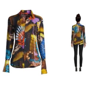 Robert Graham Womens XL  Gabriela Abstract Floral Print Silk French Cuff Shirt